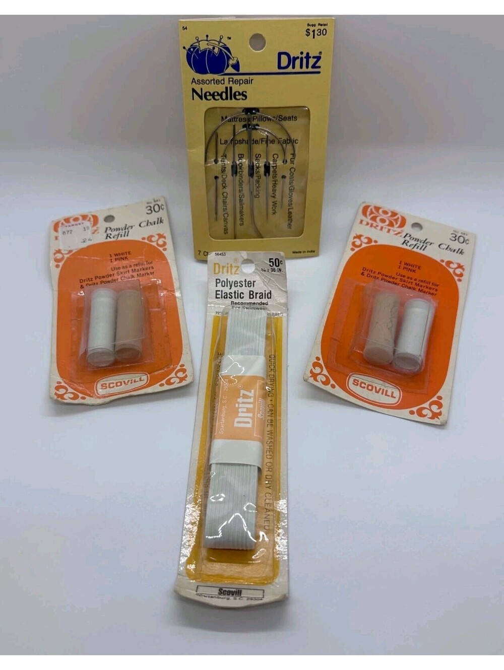 Vintage 1980s Dritz Scovill Sewing Notions Lot Needles Elastic Chalk NOS